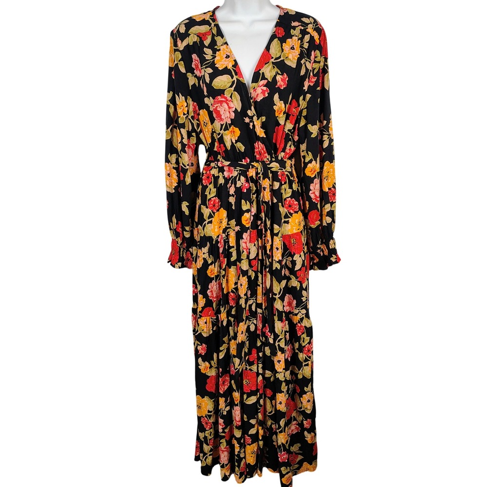 Petal + Pup Women L Floral Maxi Dress Black Multicolor Boho Cottagecore romantic